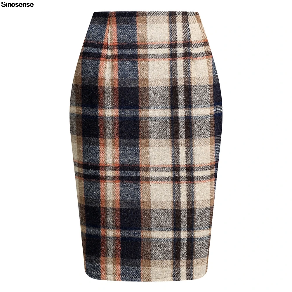 Women Midi Plaid Skirts Fall Winter Pencil Wool Skirt With Slit High Waisted Bodycon Tight Work Office Night Club Party