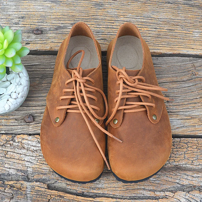 Careaymade-Genuine Leather women's single shoes cork low top shoes Crazy Horse Cowhide retro big head flat shoes big size 35-45