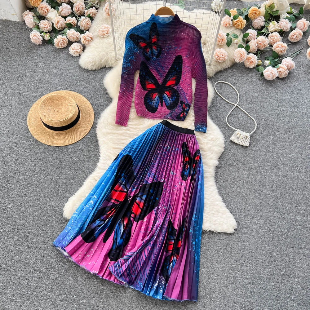 

Clothland Women Stylish Butterfly Print Blouse Skirt Set Long Sleeve Shirt Elastic Band Pleated Skirt Chic Two Piece Suit TZ803