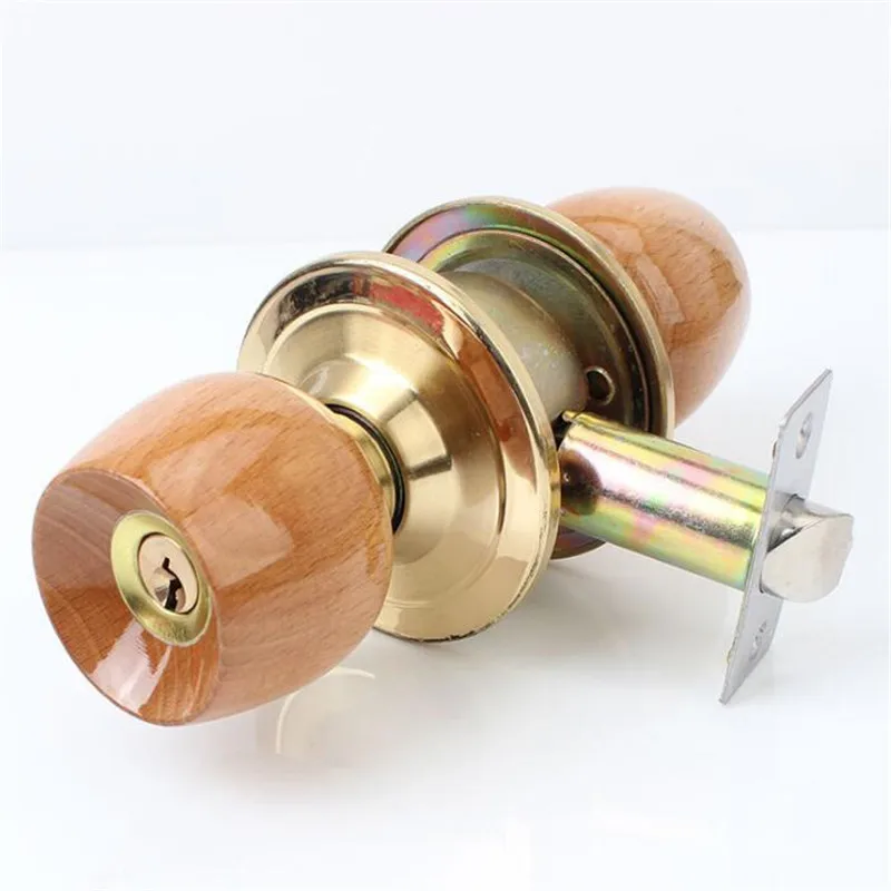 1 Set Wood and Metal Internal Door Lock Round Ball Door Knobs Handle with Key for Bedroom Living Room Bathroom Hardware