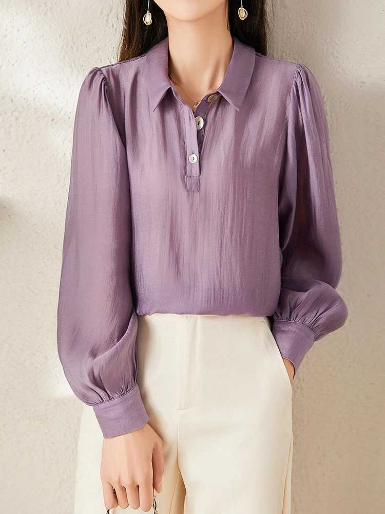 

QOERLIN Stylish Button Up Bishop Sleeve Purple Shirts Turn-Down Collar Long Sleeve Tops Blouse Elegant Silk Office Ladies Blouse