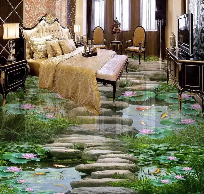

3D Floor Murals Pvc Wallpaper Custom 3D Floor Tiles Waterproof Wallpaper For Bathroom Lotus Fish pond Floor Tiles Pictures