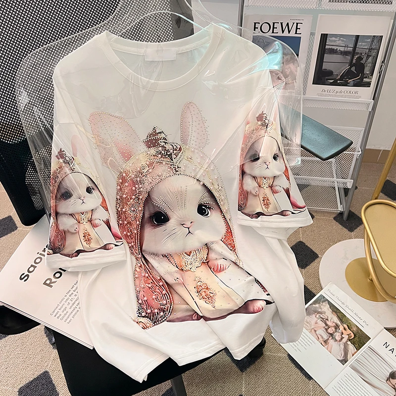 

Cotton Modal Short Sleeve T-shirt Women's Summer 2023 Fashion New Crewneck Top Loose Cartoon Diamonds Women's Top