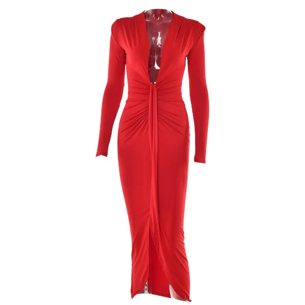 

Long Dress Ruched High-Waist Symmetrical Split Hem Solid Color Skinny Party Bodycon Evening Dress Maxi Dress Club Wear