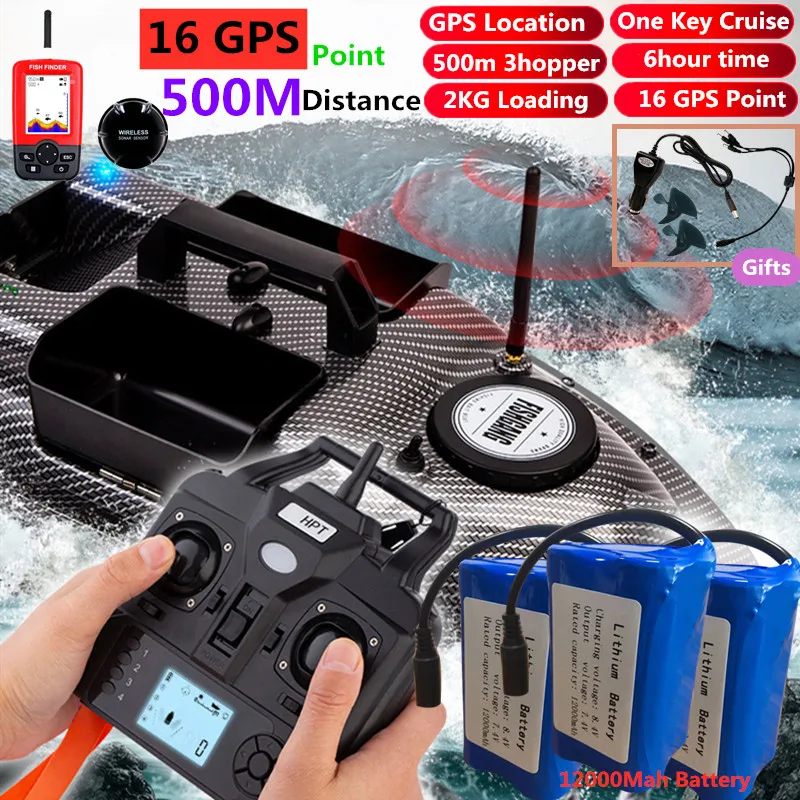 

500M GPS Bait Boat Smart Cruise 16 Point GPS Position Fishing Bait Boat 2KG Load 3 Hoppers Dual Night Light 6 Hours RC Nest Boat
