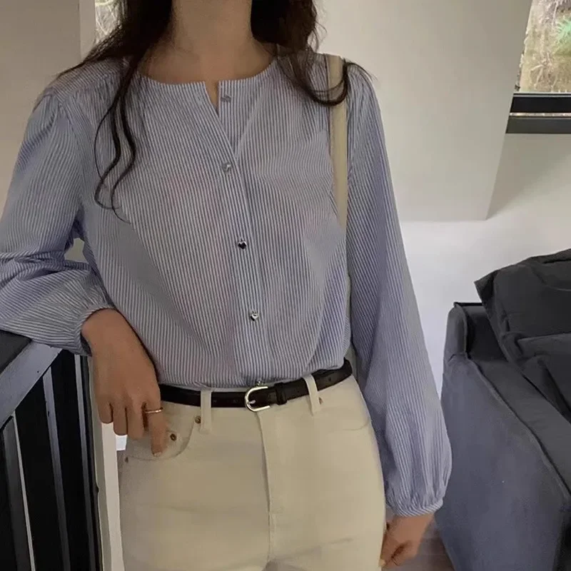 Весенне-летняя полосатая женская блузка с круглым вырезом рубашка длинными