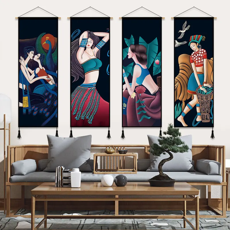 

Chinese Ethnic Customs Hanging Painting Scroll Canvas Decoration Painting for Home Decor Living Room Background Wall Decoration