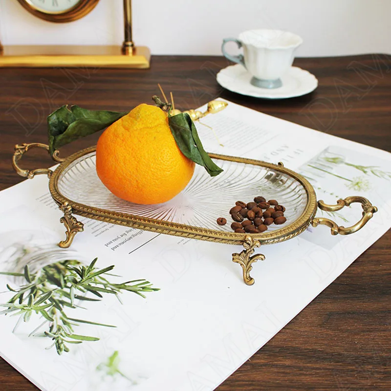 

European Glass Storage Tray Retro Copper Frame Fruit Binaural Trays Afternoon Tea Dessert Organizer Home Decoration Ornaments