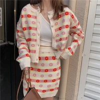 women sweet long sleeve two piece set korean single breasted cardigan and flower pattern high waist mini skirt new outfits suit
