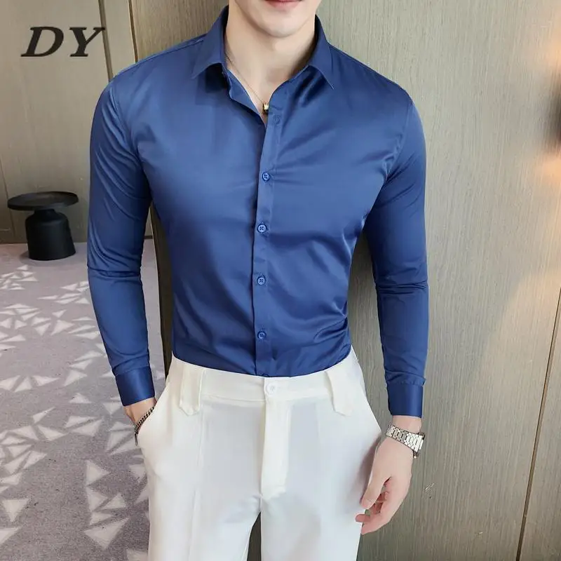 

Men Top Quality Luxury Long Sleeve Dress Shirts Simple Anti-Wrinkle Silky Business Formal Wear Slim Fit Chemise Homme Plus Size