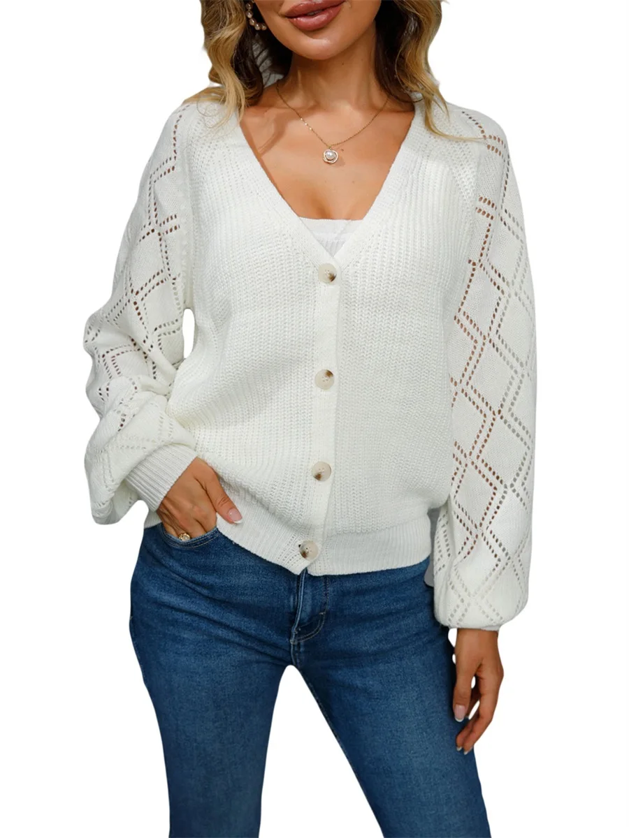 

Women Y2K Button Down Cardigan Sweater Casual Long Sleeve V-neck Open Front Solid Color Slim Hollow Cardigan Tops