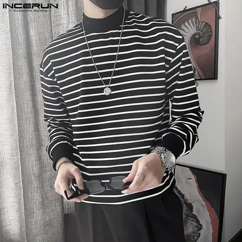 

Корейский стиль, новинка, мужская повседневная футболка с полувысоким воротником, модная мужская футболка в полоску с длинными рукавами в стиле пэчворк, женские топы 2023