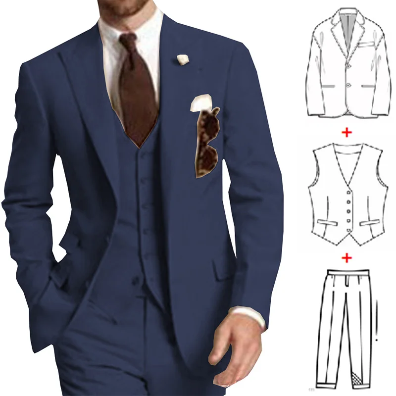 Classic Business Suit for Men 3 Pieces Navy Blue Men's Formal Blazer Three Pockets Best Man Wedding Suits trajes de hombre