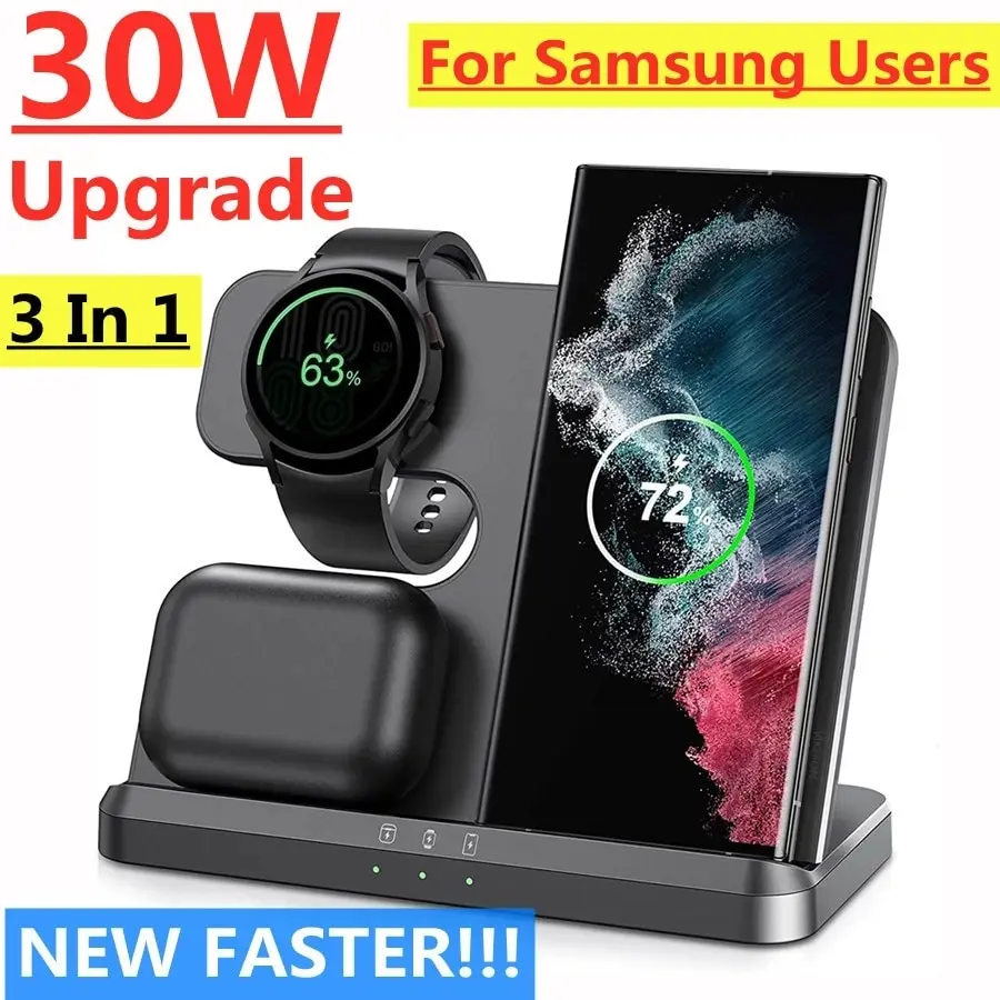 

30W 3 In 1 Wireless Charger Stand for Samsung S22 S21 S20 S10 Ultra Note Galaxy Watch 5 4 Active Buds Fast Charging Dock Station