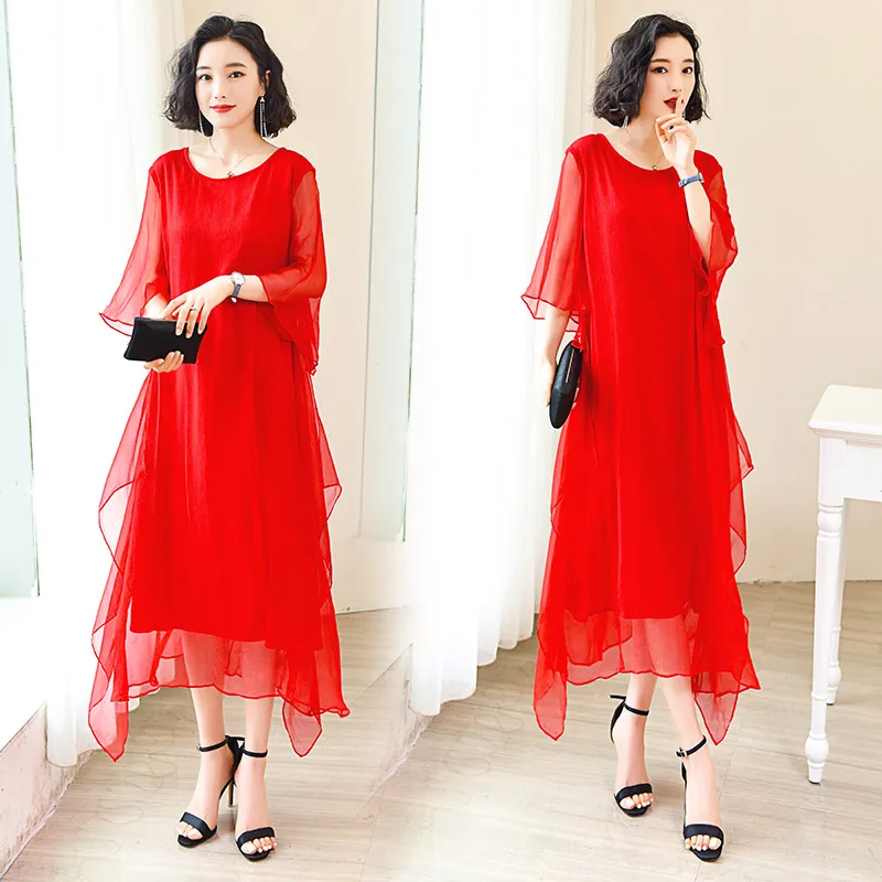 Красное платье из ледяного шелка женское средней длины новинка 2024 летняя одежда