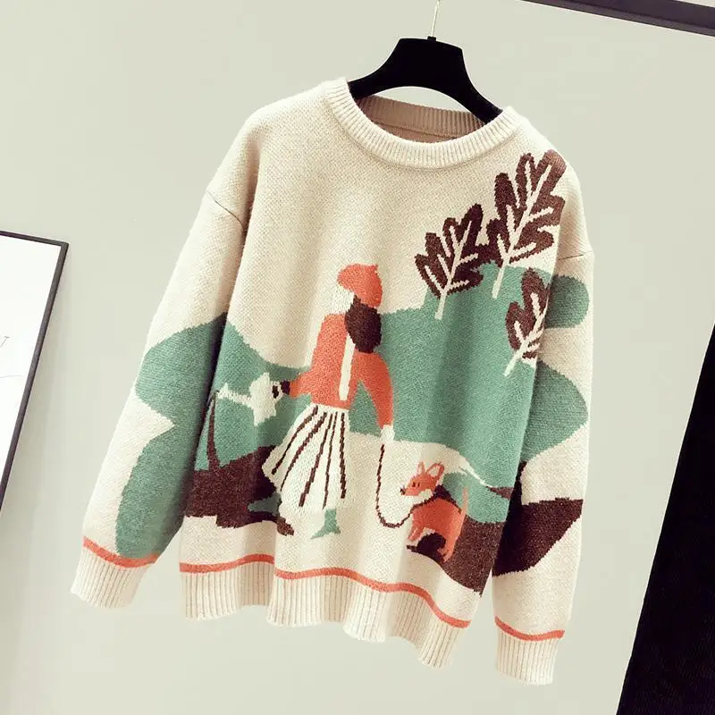 

2022 Autumn Fashion New Round Neck Long-sleeved Pullover Top Women's Cartoon Printing Japanese Loose Knitted Sweater Women