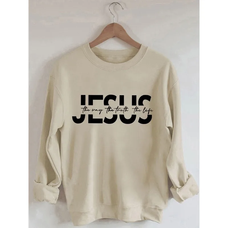 

JESUS Letter Print Women's Retro Vintage Cotton Long Sleeves Sweatshirt