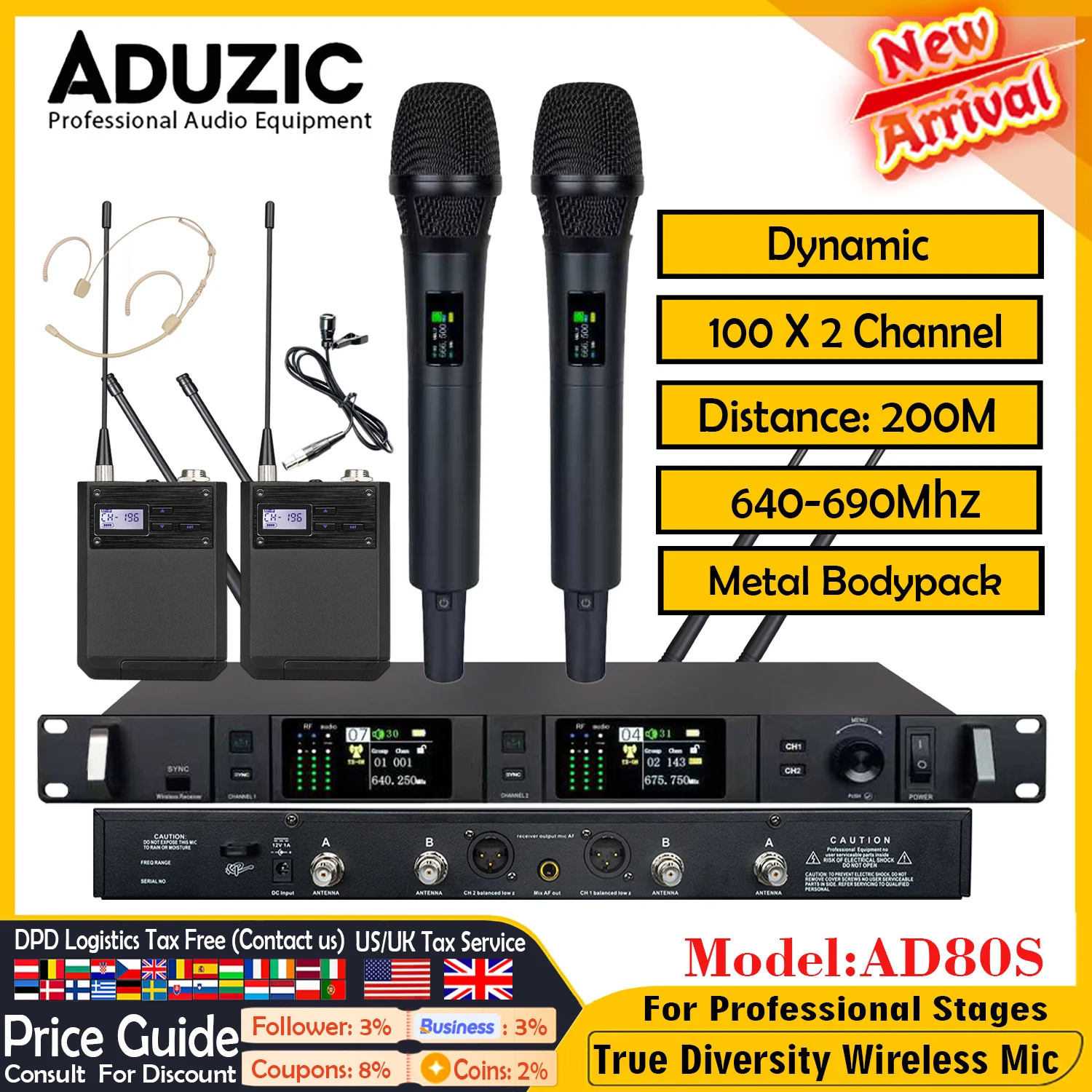 Фото Aduzic AD80S True Diversity 2 Channel Wireless Microphone System 640-690Mhz Handheld Dynamic Mic Professional Stage Microfono №1