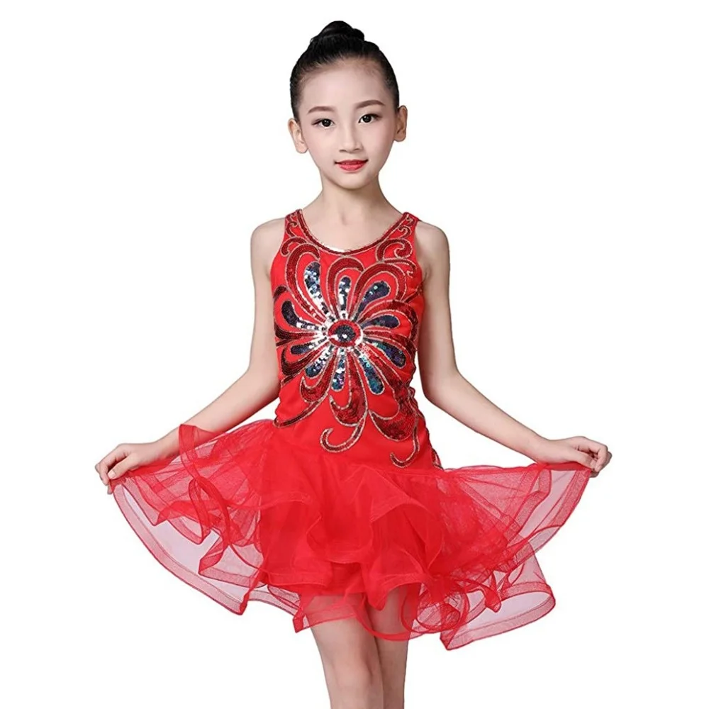 

Girls Latin Dress Slimming Sequins Mesh Dress Jazz Tango Salsa Dancewear Stage Performance Costume
