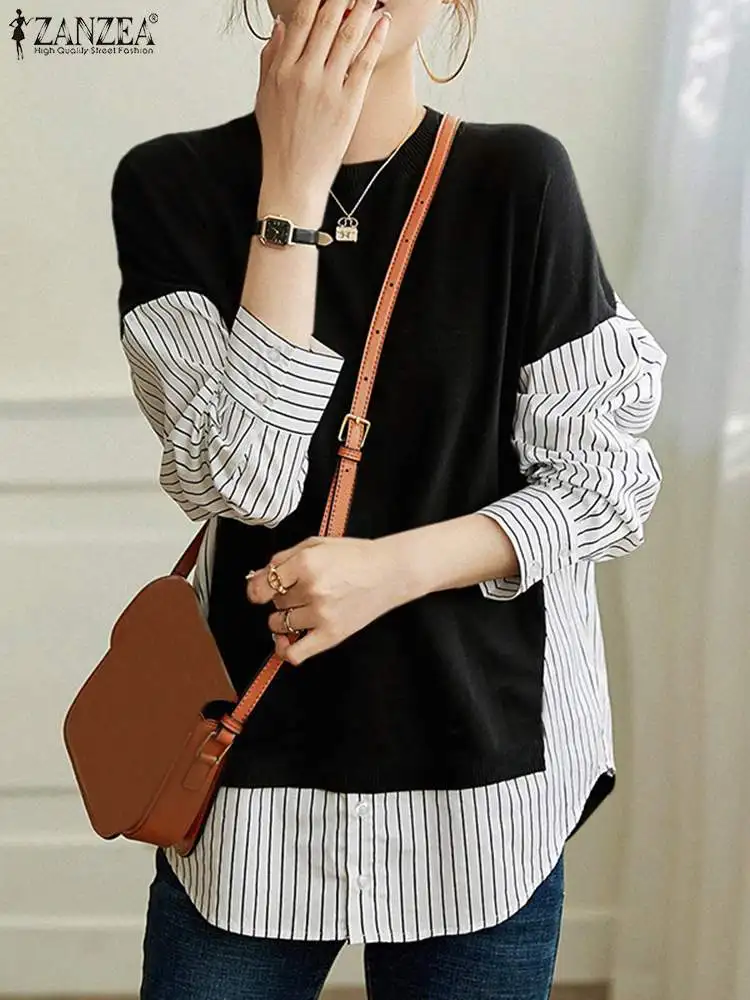 

ZANZEA Spring Stripe Patchwork Women Blouse Female Korean Fashion Holiday O-Neck Long Sleeve Oversized Fake Two Piece Top Shirt