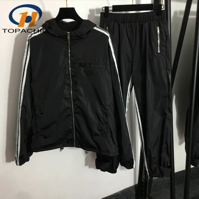 

8.9 High End Triangle Letter Long Sleeve Hooded Zipper Trench Coat + Elastic Waist Striped Casual Pants Set Women