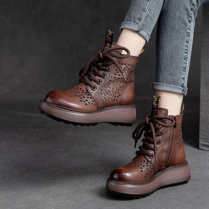 Women Leather Ankle Boots Girls Spring Shoes Hollow Out Wedge Heels Handmade Genuine Leather Women Casual Shoes Boots Beige