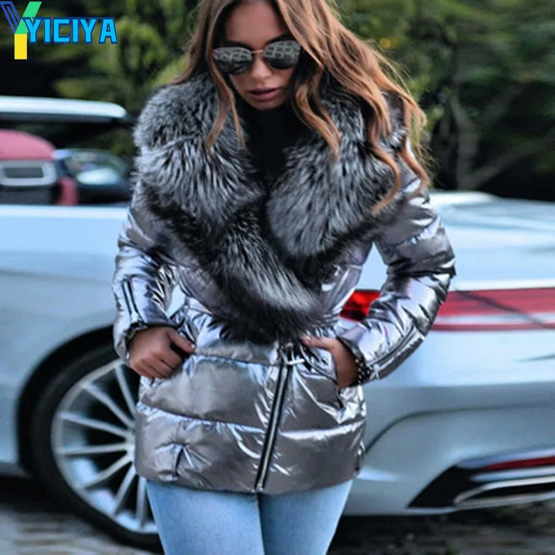 YICIYA Winter Jackets 2023 Woman Big Fur Collar Long Sleeve Belted Parkas Bright Surface Ladies Faux Fur Collar Puffer Jackets