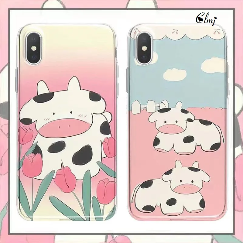 

Clmj Cute Cow Flower Phone Case For iPhone 12 Mini 13 Pro XS Max XR X 14 Plus 11 For Samsung Galaxy S22 S21 Silicone Cover INS