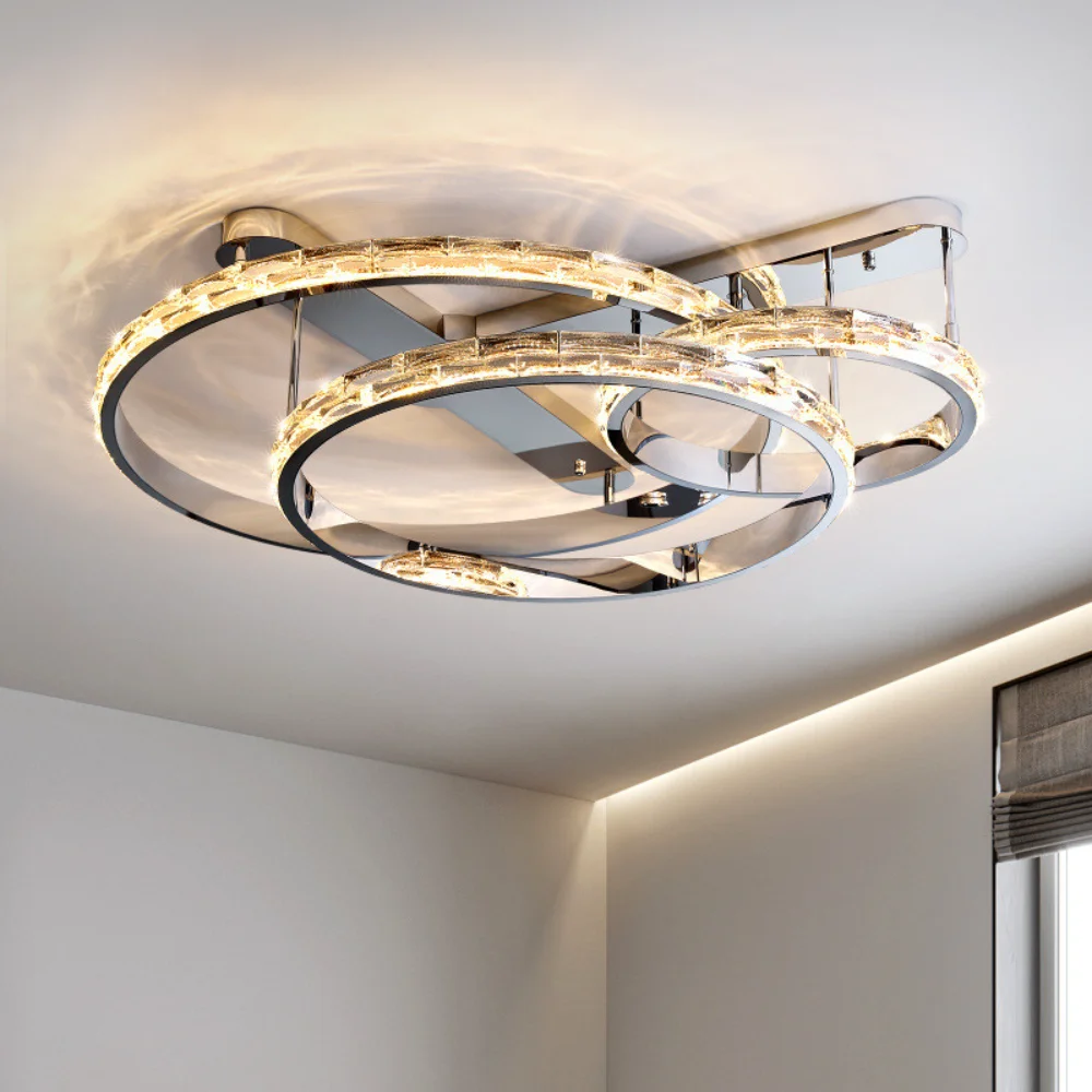 

Modern Chrome Metal Circle Led Dimmable Ceiling Lights Living Room Decoration Lighting Fixtures Luxury K9 Lustre Lamparas