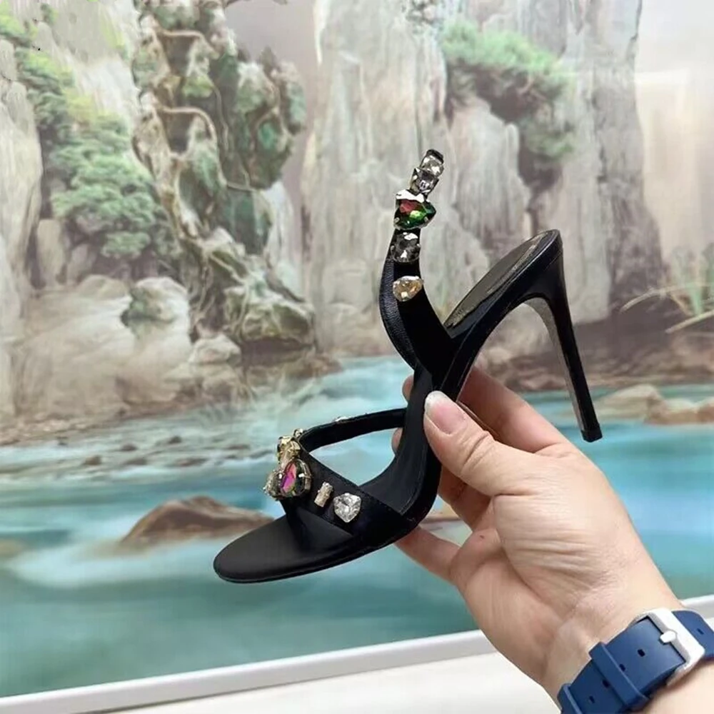 Summer New Women Trend Sandals Colour Jewel Sandale Slip-On Open Toe Stiletto Round Toe Solid Color Fashion Ladies Big Size 45