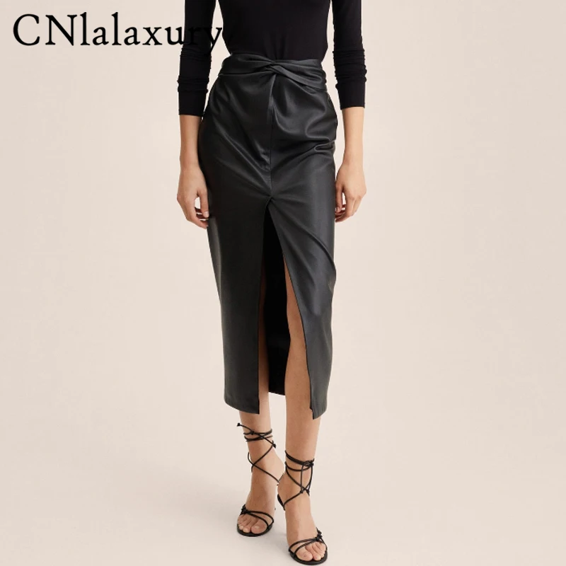 

CNlalaxury Women PU Leather Skirt 2022 Fashion Midi Sexy Split Black Bodycon Skirt Casual High Waist Knotted Office Ladies Skirt