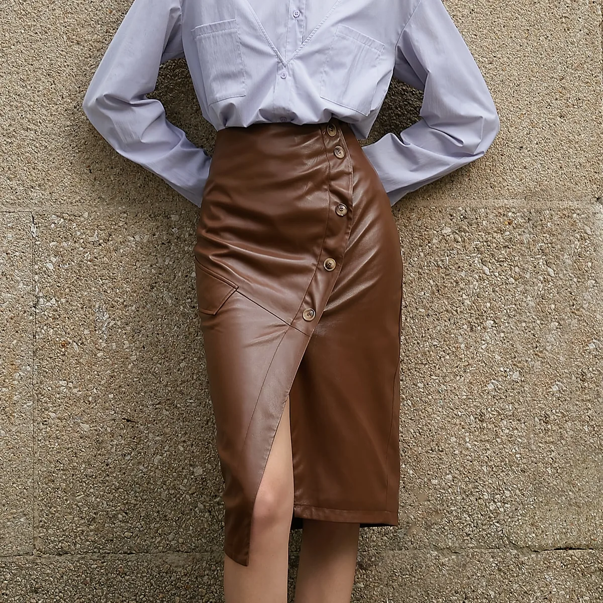 AEL Необычная однобортная кожаная юбка женская с разрезом и высокой талией