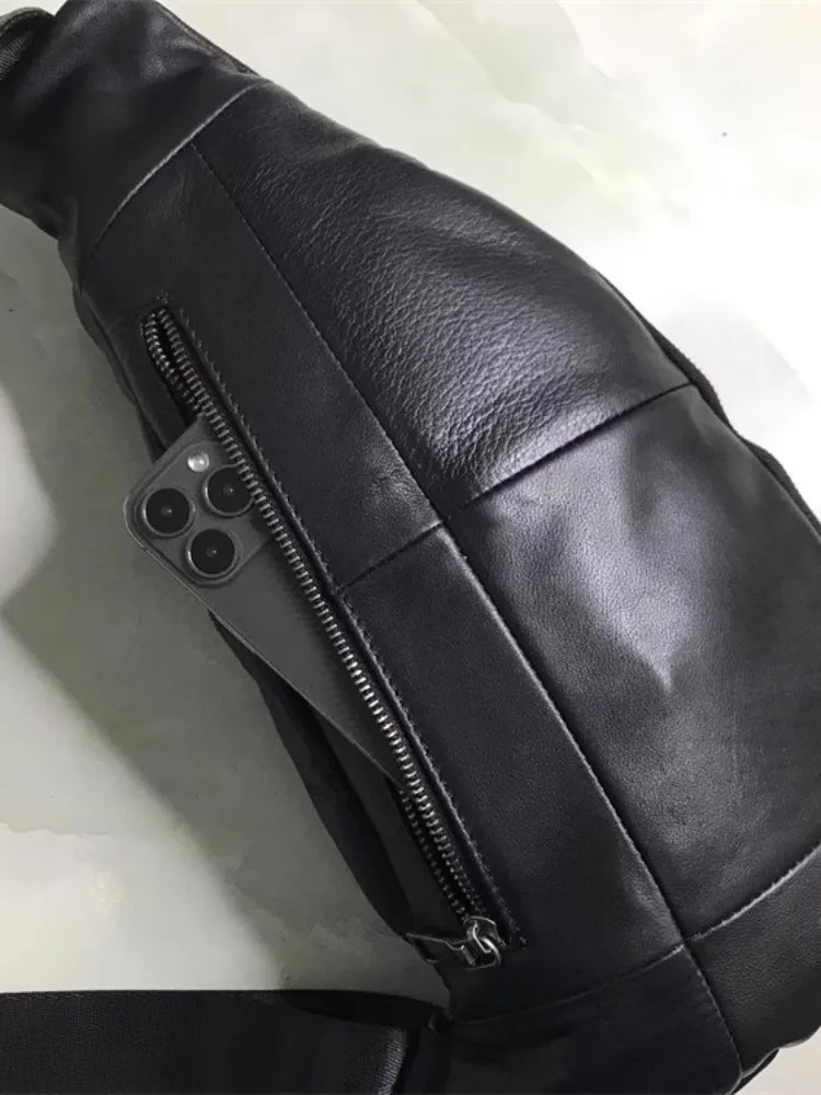 Сумка унисекс из натуральной кожи черная нагрудная сумка с несколькими