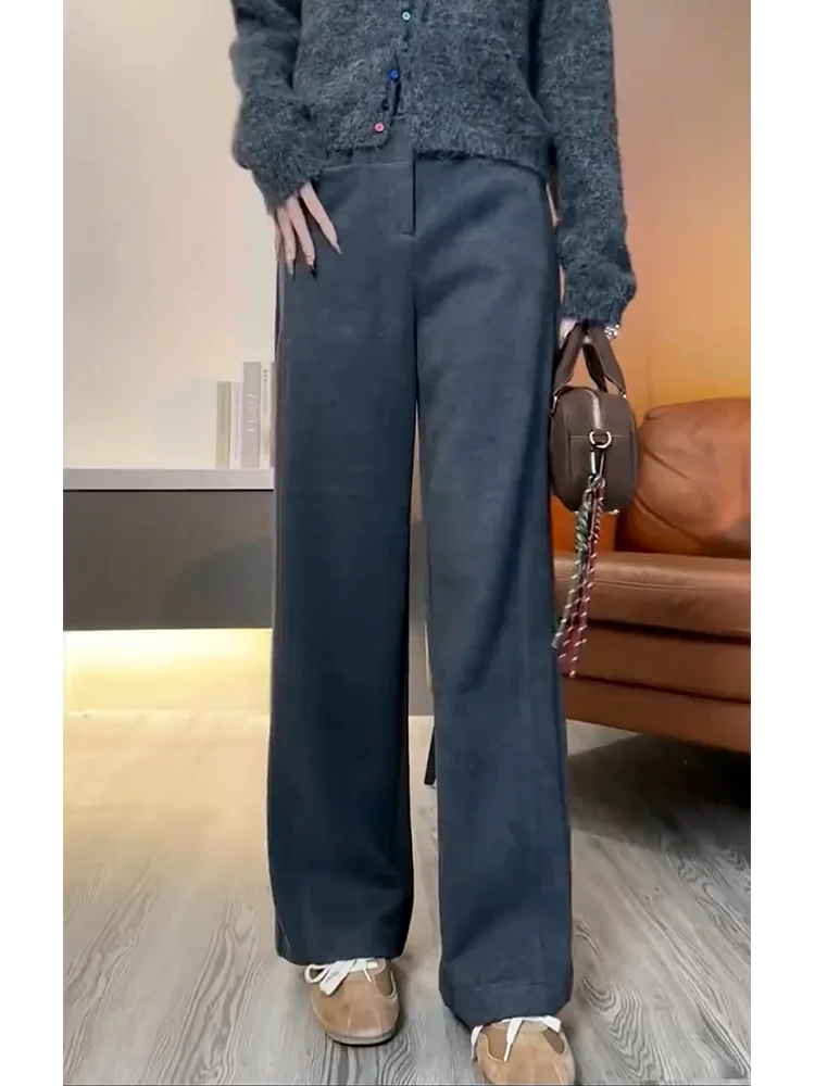 Plus Size Elegant Loose Gray Thick Woolen Straight Pants Women Autumn and Winter New Draping Effect Fashion High Waist All-Ma...