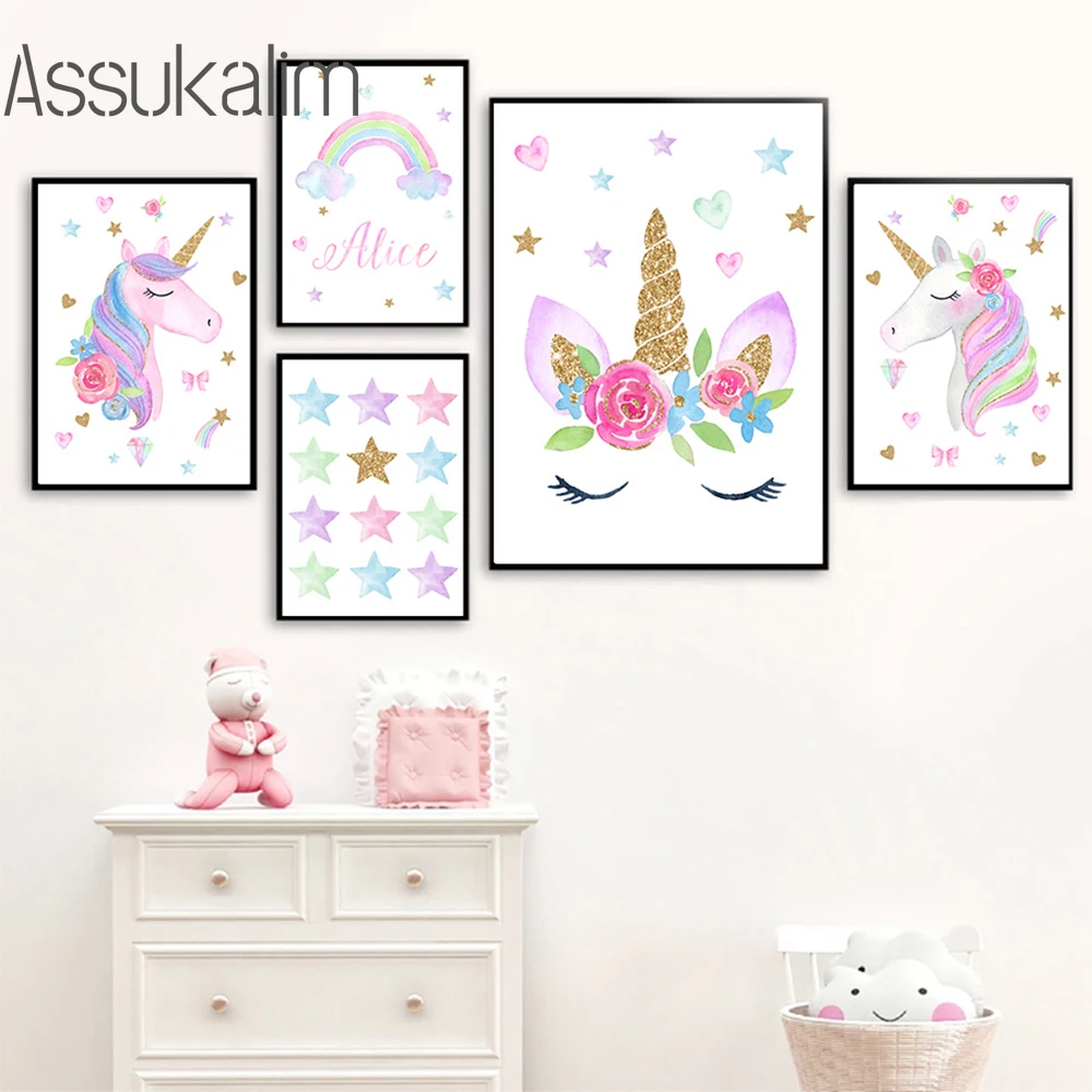 Настенные плакаты с изображением радуги единорога Картина на холсте для детской