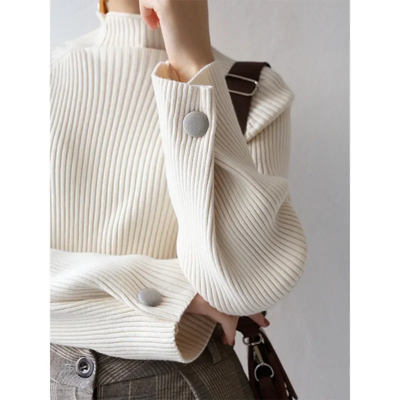 Элегантный женский свитер с воротником до половины поло во французском стиле