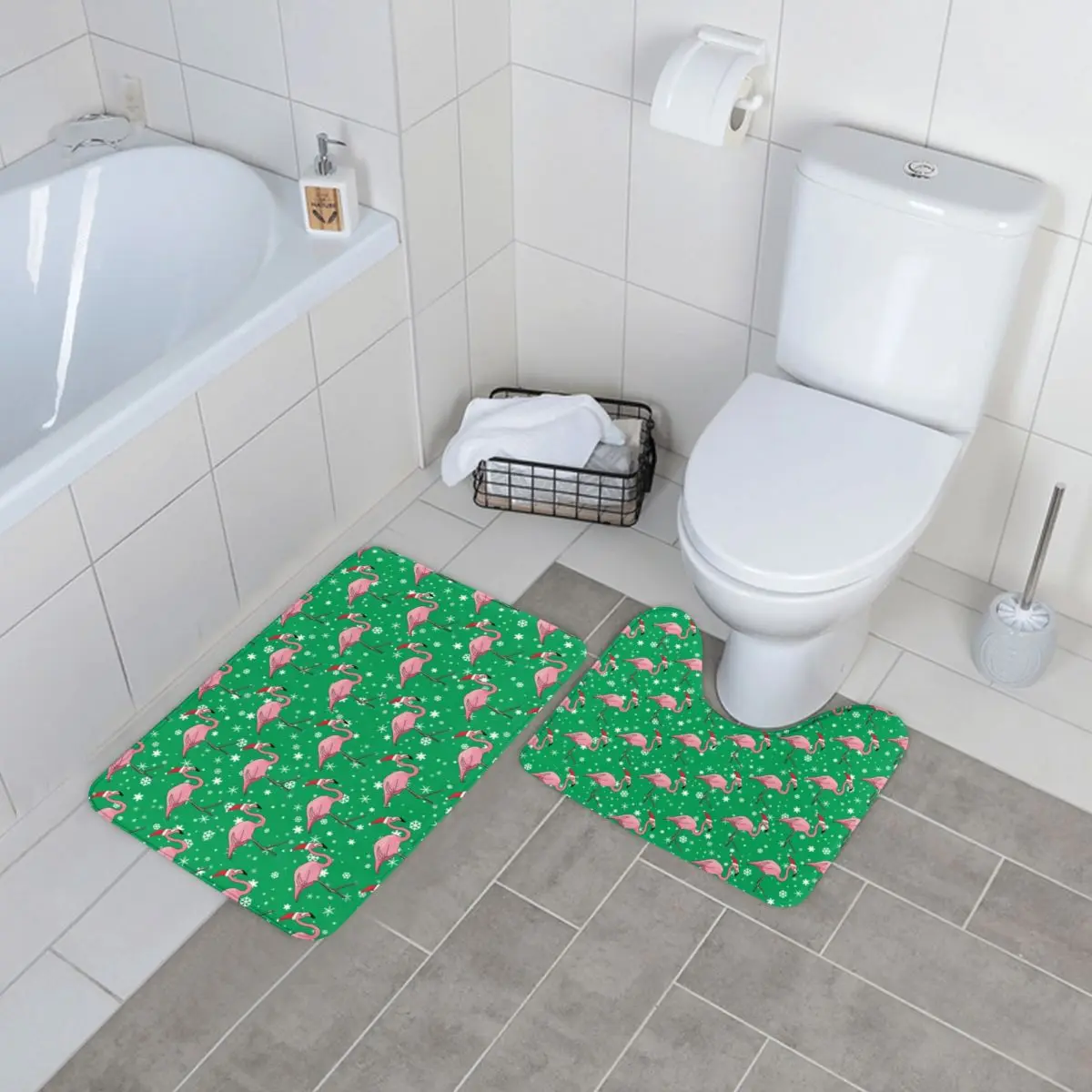 

Cartoon Birds Print Bath Mat Flamingoes Christmas 2 Pieces Soft Bathtub Bathroom Mat Set Modern Polyester Bathroom Rug