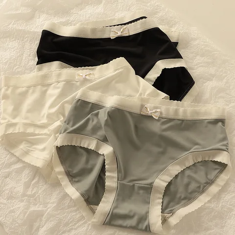 3Pcs/set Women Pure Cotton Underwear Seamless Ice Silk Breathable Soft Briefs Mid-Waist Underpants Female Skin-Friendly Lingerie