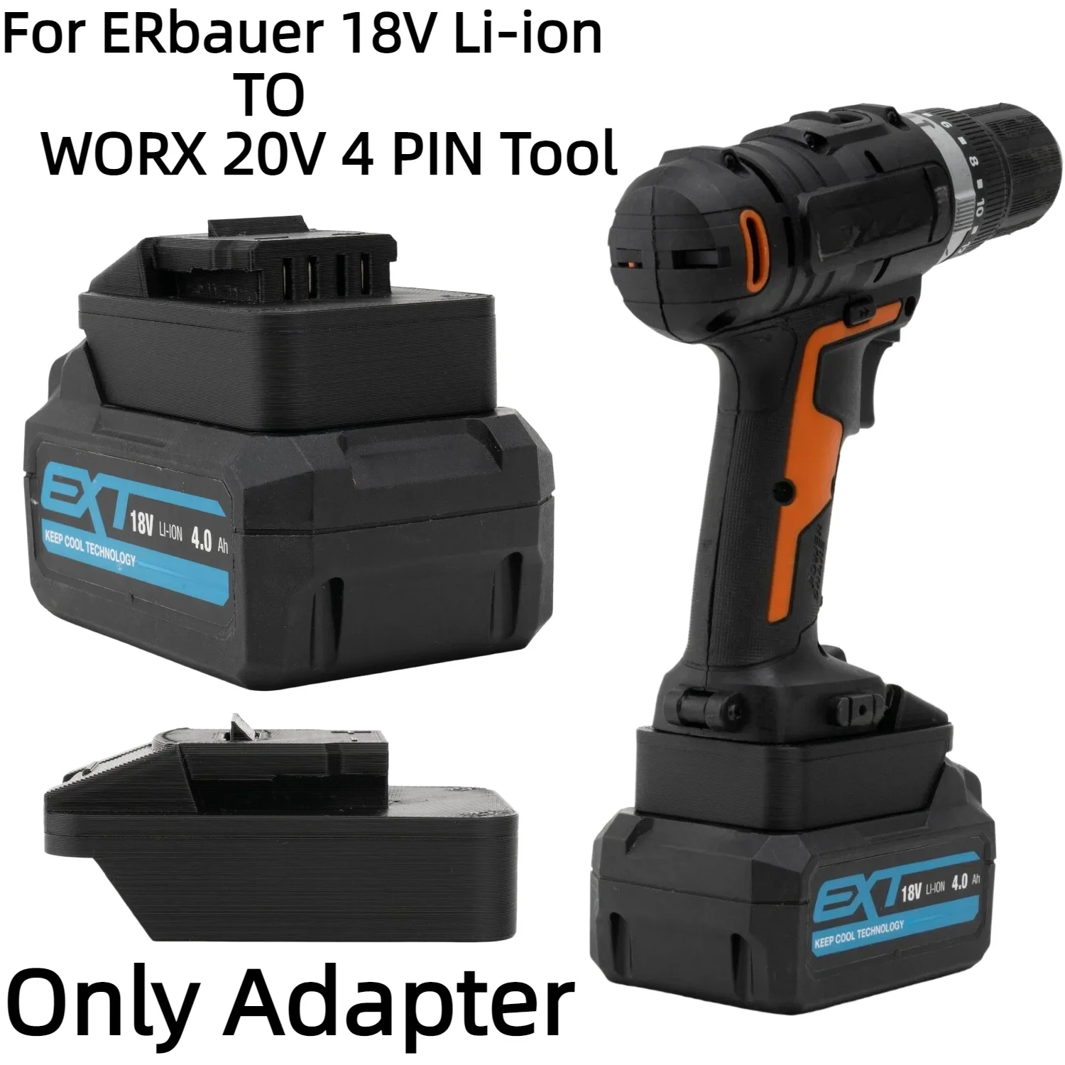 Фото Адаптер для аккумулятора ERbauer 18V (литий-ионный) для инструментов WORX 20V (4-контактный) – аксессуар для беспроводных дрелей (только адаптер) №1