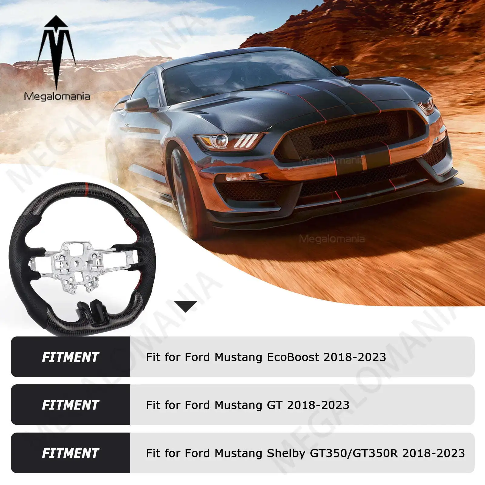 Фото Для Ford Mustang 2018-2023 GT350 GT500: Руль из настоящего карбона с перфорированной кожей, автомобильные аксессуары №1