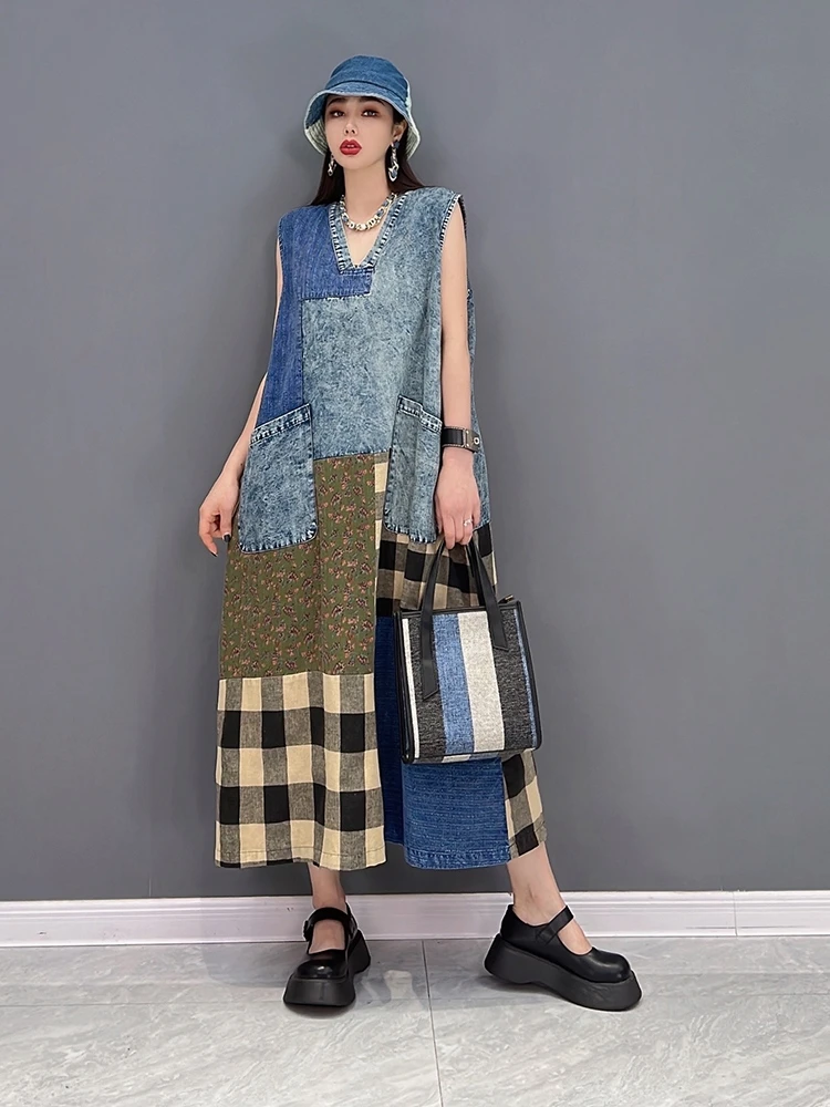 

SuperAen 2022 Spring New Fashion Casual Denim Patchwork Plaid Vest V Neck A Line Dress for Women