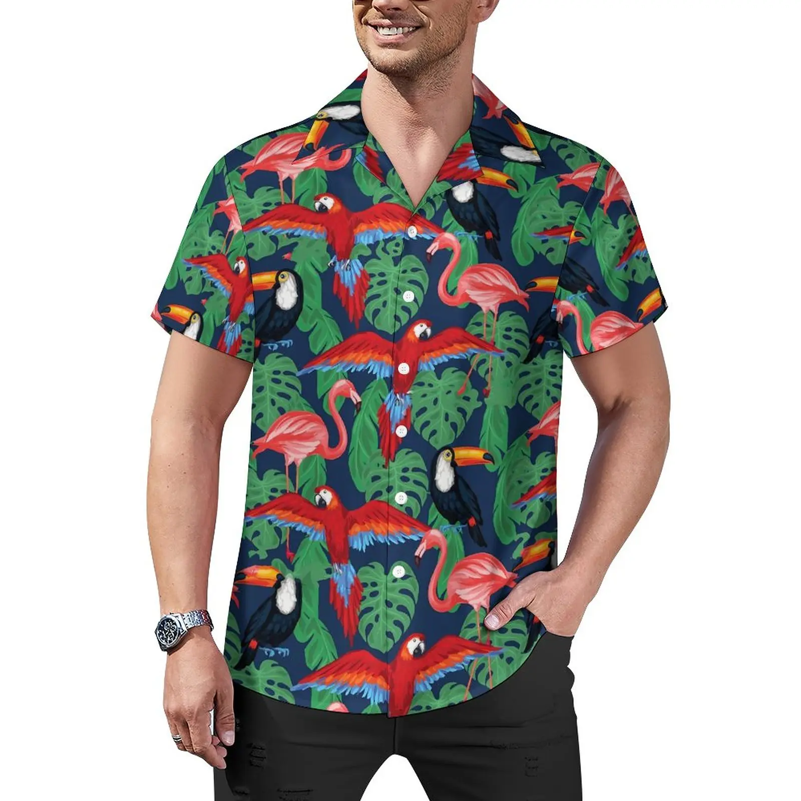 

Рубашка мужская с принтом Тропических птиц, свободная пляжная блузка с короткими рукавами, повседневная с принтом пальмовых листьев, в стиле Харадзюку, большие размеры, гавайский узор