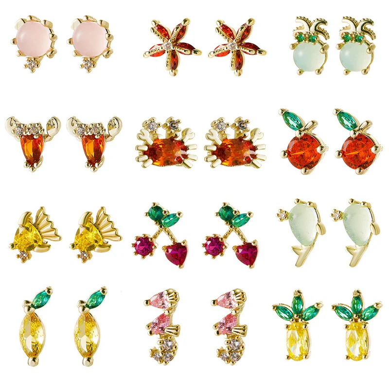 

European and American Same Style Ocean Ladies Earrings Cute Colorful Zircon Animal Earrings Summer Creative High-quality Jewelry