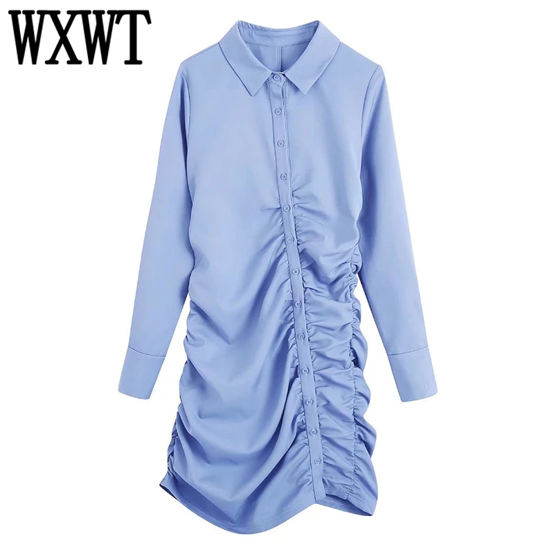 

WXWT женское синее платье-рубашка со складками, стильное платье с отложным воротником и длинным рукавом, женское приталенное мини-платье в ст...