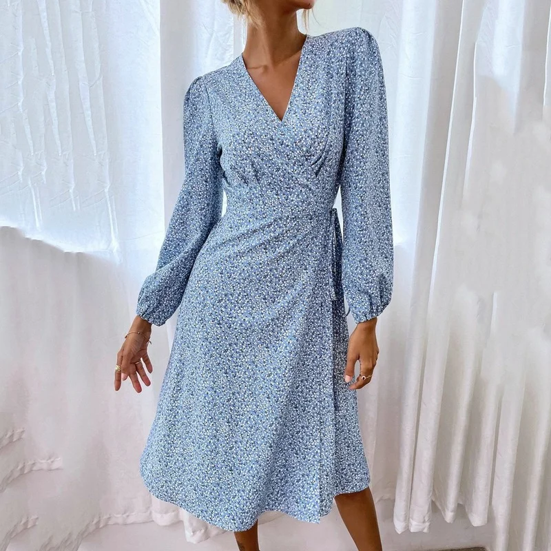 

YEMOGGY Elegant Floral Print Dress Women Summer Dresses 2022 New V Neck Tunic High Waist Lace-up Full Balloon Sleeve Midi Dress