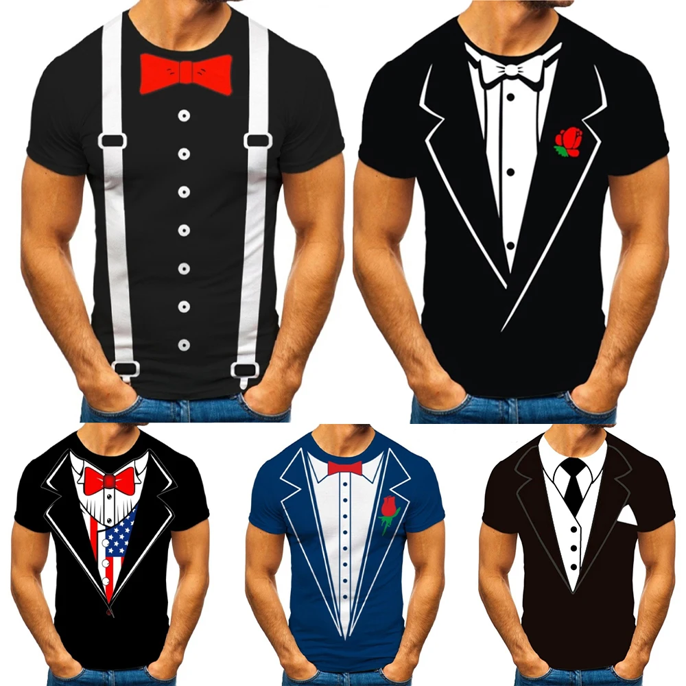 

New Funny Fake Suit Bow Tie 3D T-shirt Men's Shirt Tuxedo Retro Tie Suit Printed T Shirt Fashion Casual Streetwear Short Sleeved