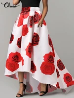 celmia bohemian floral printing skirts fashion holiday swing skirt women high waist asymmetrical long jupes casual a line faldas
