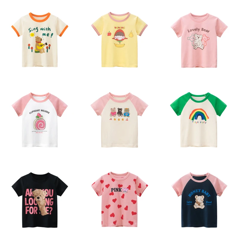 

Jumping Meters Korean Summer Girls T-shirt Short Sleeve Cute Cartoon Bear Rainbow Cotton Casual Soft Breathable Baby Clothes