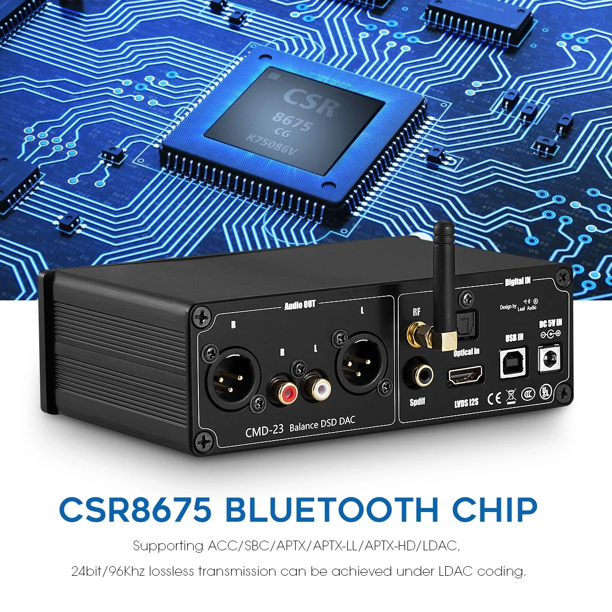 Leaf Audio USB DAC Amplifier Dual 9038Q2M Decoder CSR8675 Bluetooth 5.0 Receiver SPDIF Coaxial Optical IIS APTX-HD LDAC |