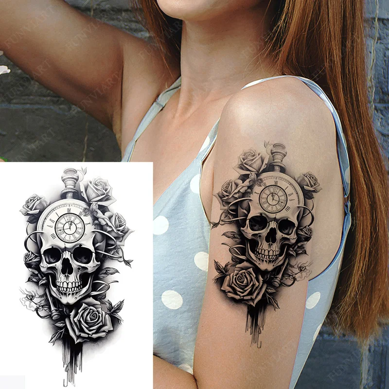 

Водостойкие Временные татуировки для мужчин, татуировки на Хэллоуин, наклейки, скелет, часы, дракон, искусственная татуировка для женщин, макияж тела